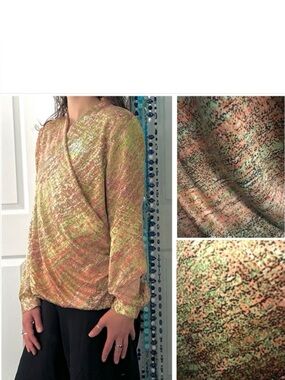 Vintage  faux-wrap blouse- artsy lime & pinks on black & white abstract print